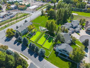Aerial perspective of suburban area with property boundaries highlighted