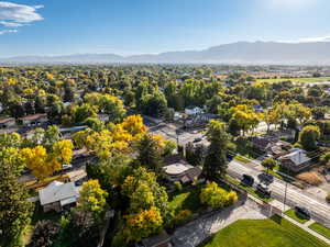 Aerial view of residential area with a mountainous background