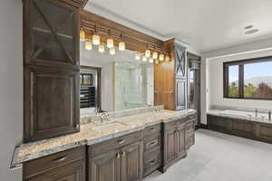 Full bath featuring double vanity, a steam shower, light carpet, a garden tub, and a mountain view