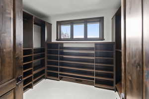 Walk in closet featuring custom shelving and carpet