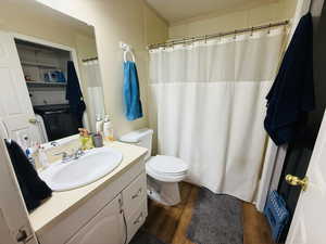 Full bathroom featuring dark wood finished floors, vanity, and a shower with curtain