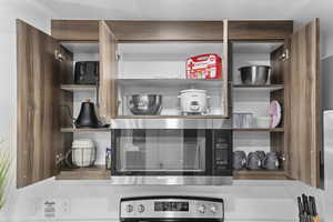 Kitchen view of stainless steel microwave