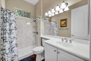 Full bath featuring vanity and a shower stall