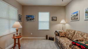 Carpeted living area with baseboards
