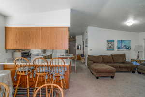 Dining space featuring light colored carpet and a textured ceiling