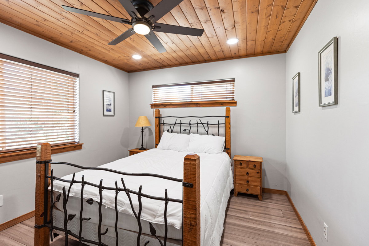 Bedroom featuring recessed lighting, light wood-style floors, ceiling fan, and wood ceiling