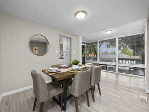 Dining area featuring floor to ceiling windows and light wood-type flooring
