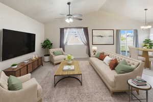 Living room featuring vaulted ceiling, ceiling fan, a chandelier, and light carpet