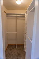 Walk in closet featuring dark carpet