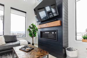 Living area with a glass covered fireplace