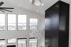 Detailed view of recessed lighting and wooden walls