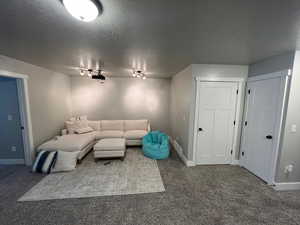 Home theater room with carpet floors, a textured ceiling, and track lighting