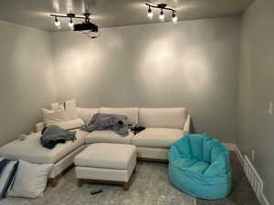 Cinema featuring carpet flooring, a textured ceiling, and track lighting