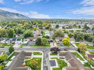 Aerial view of residential area with a mountain backdrop
