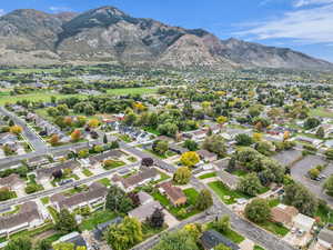 Aerial perspective of suburban area featuring a mountainous background