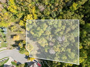Aerial view of property's location featuring property parcel outlined