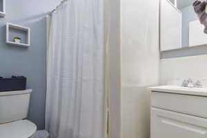 Full bath with vanity and a shower with curtain