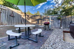 Fenced backyard featuring a patio area