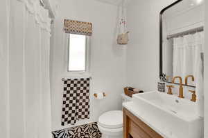 Full bathroom featuring vanity and a shower with shower curtain