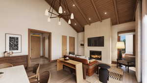 Living room with high vaulted ceiling, a wooden ceiling with exposed beams, wood finished floors, a large fireplace, and recessed lighting