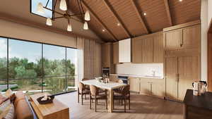 Kitchen featuring a wood ceiling with exposed beams, high vaulted ceiling, light wood finished floors, backsplash, and stainless steel oven