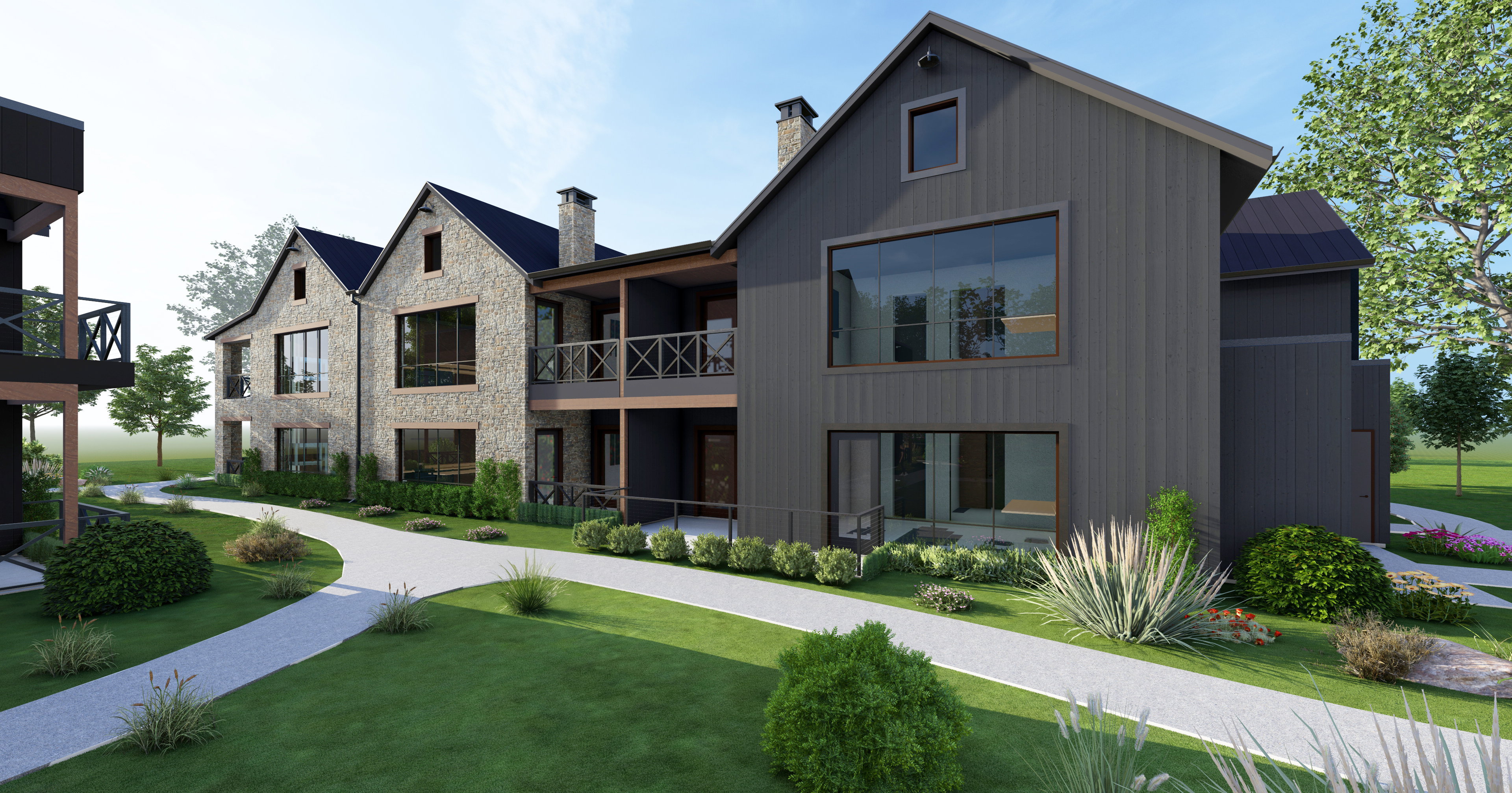 View of home's community with a yard and a balcony