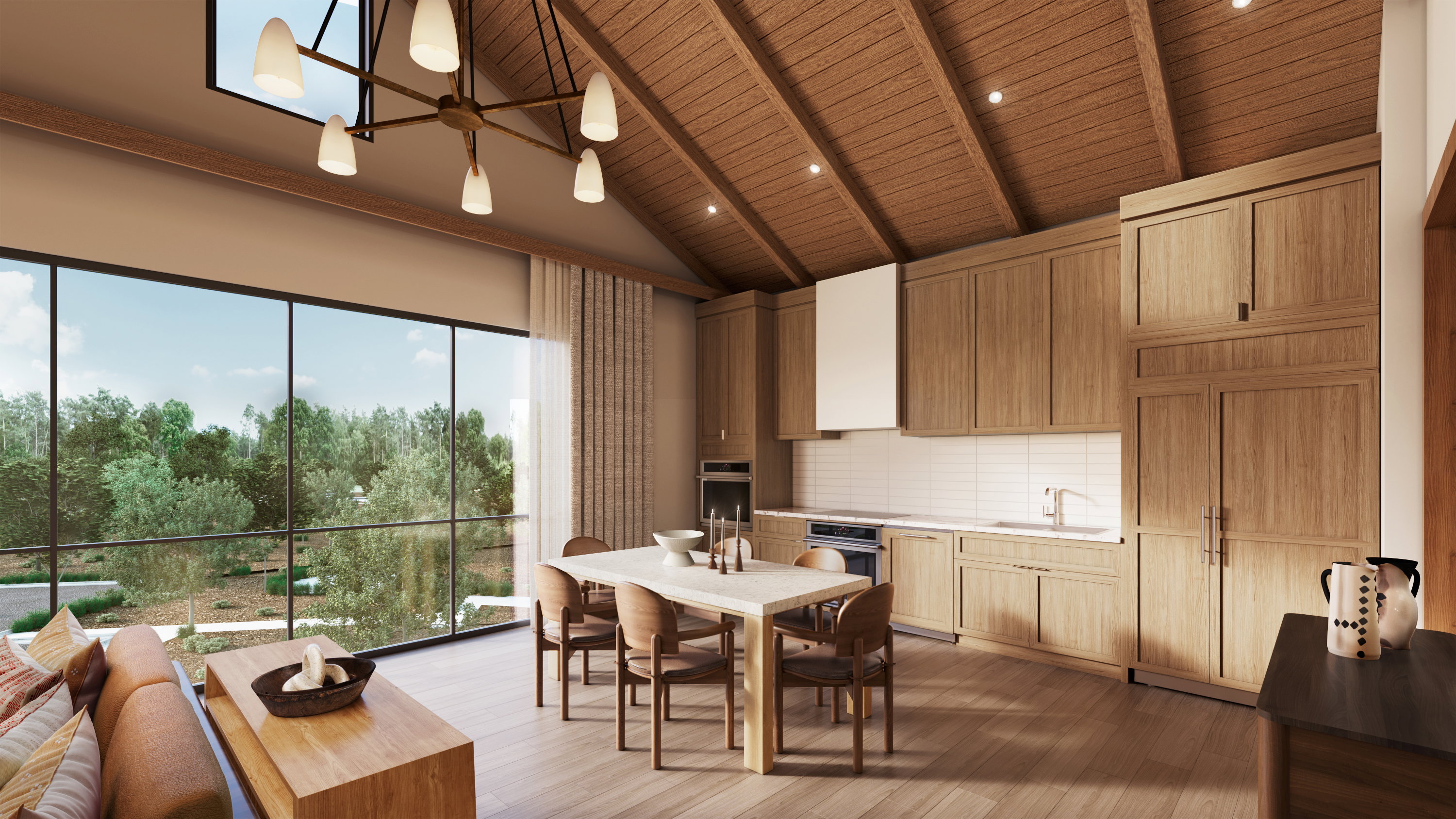 Kitchen featuring a wooden ceiling with exposed beams, high vaulted ceiling, light wood-type flooring, backsplash, and stainless steel oven