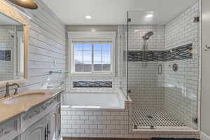 Primary bathroom with vanity, a stall shower, and a bath