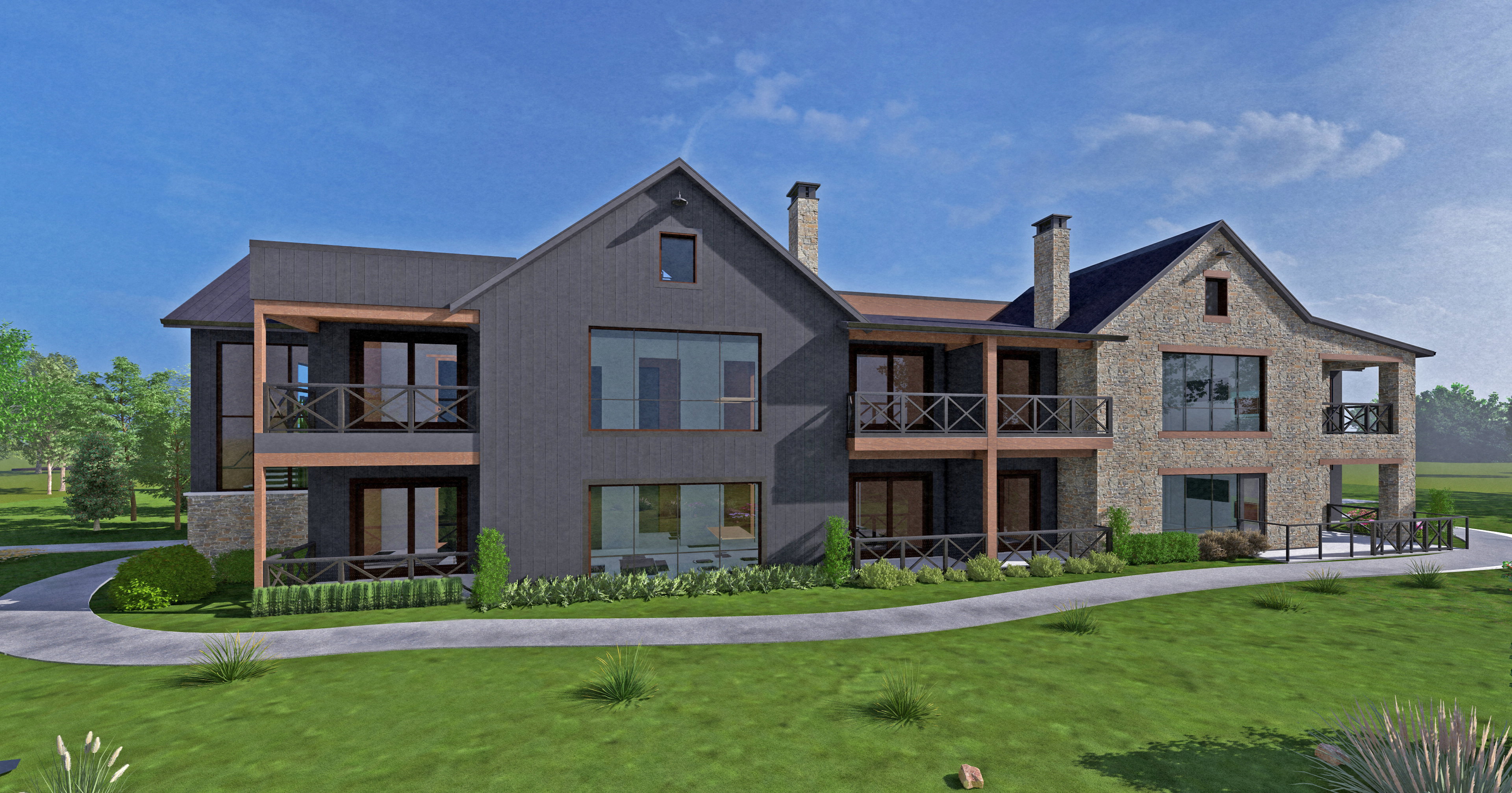 Rear view of property with a balcony, a chimney, stone siding, and a lawn