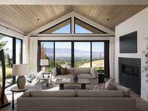 Living room featuring wooden ceiling, lofted ceiling, a premium fireplace, and wood finished floors