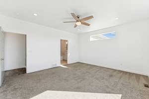 Primary Suite, bedroom featuring light colored carpet, connected bathroom, a ceiling fan, and recessed lighting