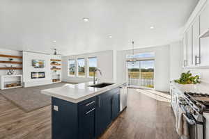 Kitchen with a large fireplace, stainless steel appliances, open floor plan, pendant lighting, and medium  wood-type flooring