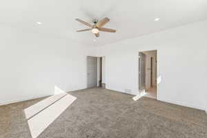 Primary Suite featuring carpet floors, ceiling fan, and recessed lighting