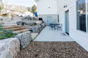 View of patio with a mountain view