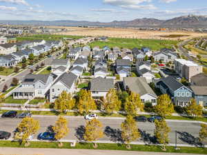 Aerial view of residential area with a mountainous background