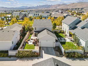 Aerial view of residential area with a mountain backdrop