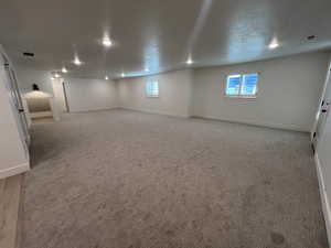 Below grade area featuring light colored carpet and a textured ceiling