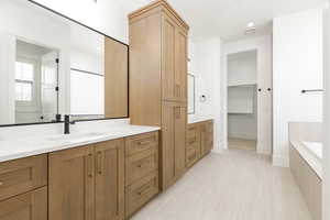 Bathroom with vanity, a spacious closet, recessed lighting, and a bathtub