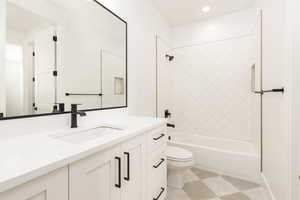 Full bathroom featuring bathing tub / shower combination, vanity, recessed lighting, and light flooring