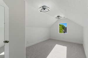 Bonus room featuring light colored carpet, vaulted ceiling, and a textured ceiling
