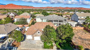 Aerial view of residential area with mountains