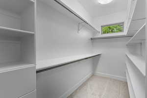 Spacious closet featuring light colored carpet