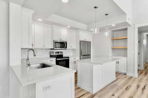 Kitchen with a raised ceiling, appliances with stainless steel finishes, white cabinetry, pendant lighting, and backsplash