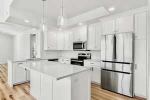 Kitchen featuring appliances with stainless steel finishes, recessed lighting, decorative backsplash, a peninsula, and white cabinets