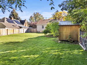Fenced backyard with a shed