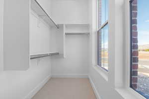 Walk in closet with light colored carpet