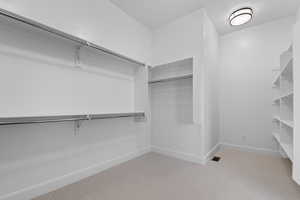 Walk in closet with light colored carpet