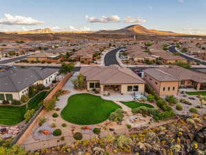 Aerial view of residential area with mountains