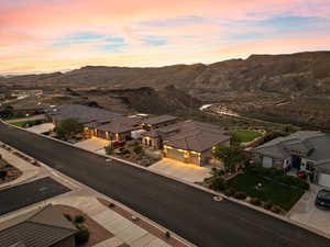 Aerial view of residential area with mountains