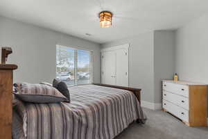 Bedroom with light colored carpet, a closet, and a textured ceiling